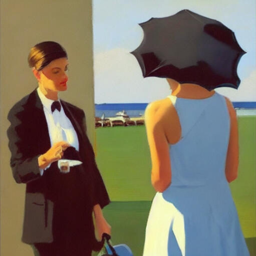 a person giving an incredibly positive testimonial in jack vettriano style, oil on canvas.created with playground.ai